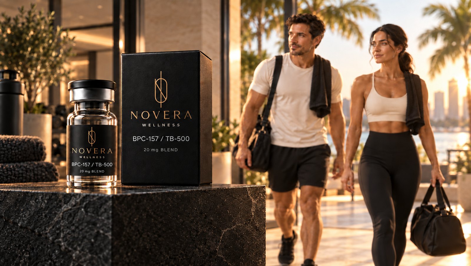Two adults in activewear walking after a workout, with Novera BPC-157 / TB-500 packaging in the foreground.