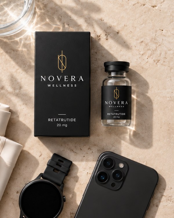 A black Novera Wellness Retatrutide box and glass vial on a stone surface beside a watch, phone, folded activewear and a glass of water.