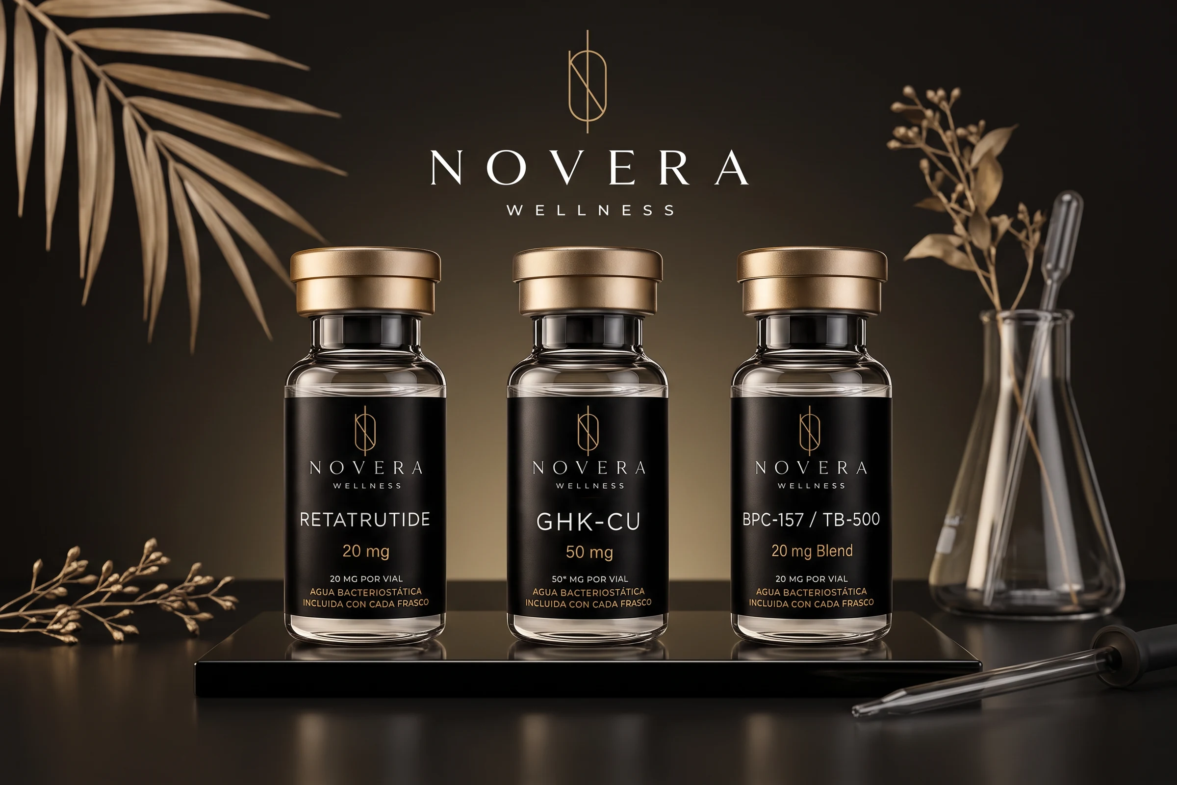 Three Novera Wellness product vials labeled Retatrutide, GHK-Cu, and BPC-157 / TB-500 on a black display with gold lighting.